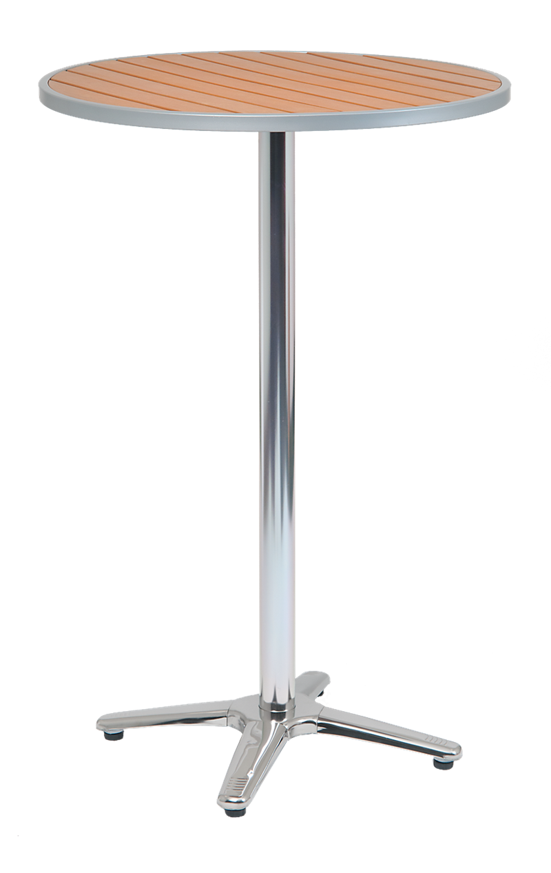 30” Round Aluminum Table in Bar Height with Imitation Teak Slats Top